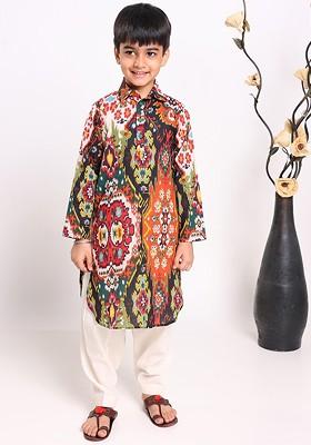 Red Printed Cotton Kurta Set For Boys