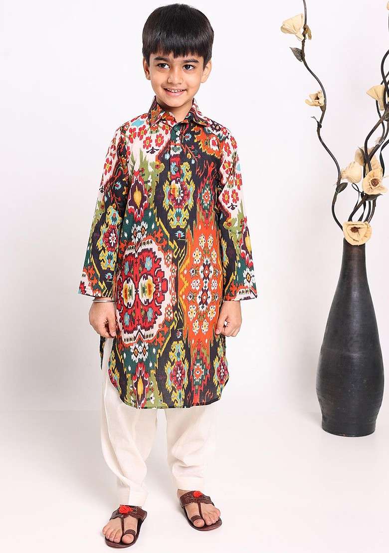 Red Printed Cotton Kurta Set For Boys - Indya