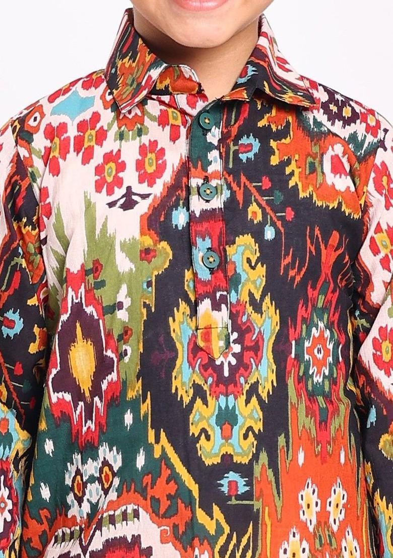 Red Printed Cotton Kurta Set For Boys - Indya