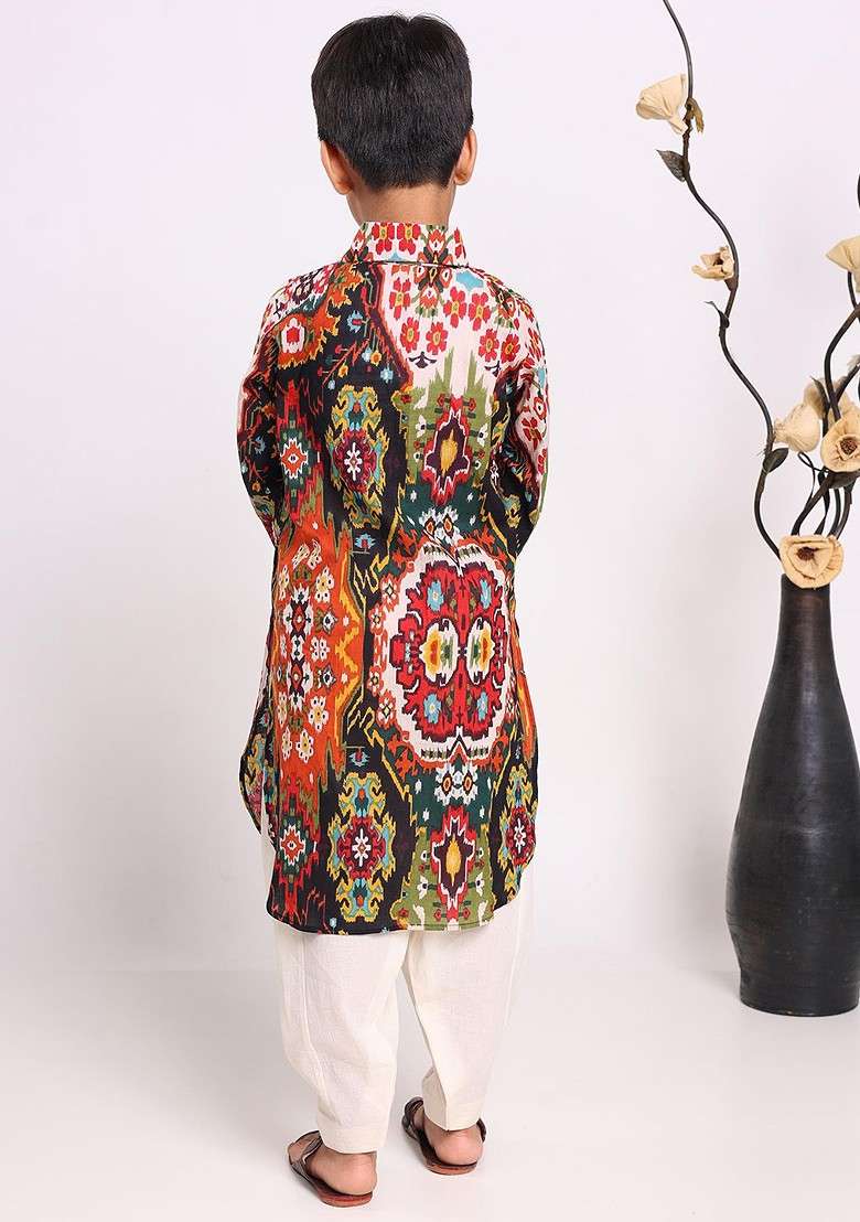 Red Printed Cotton Kurta Set For Boys - Indya