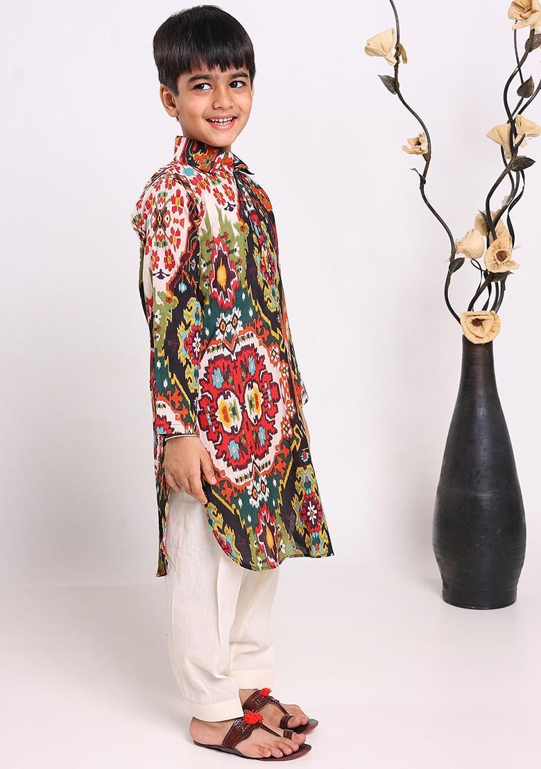 Red Printed Cotton Kurta Set For Boys - Indya