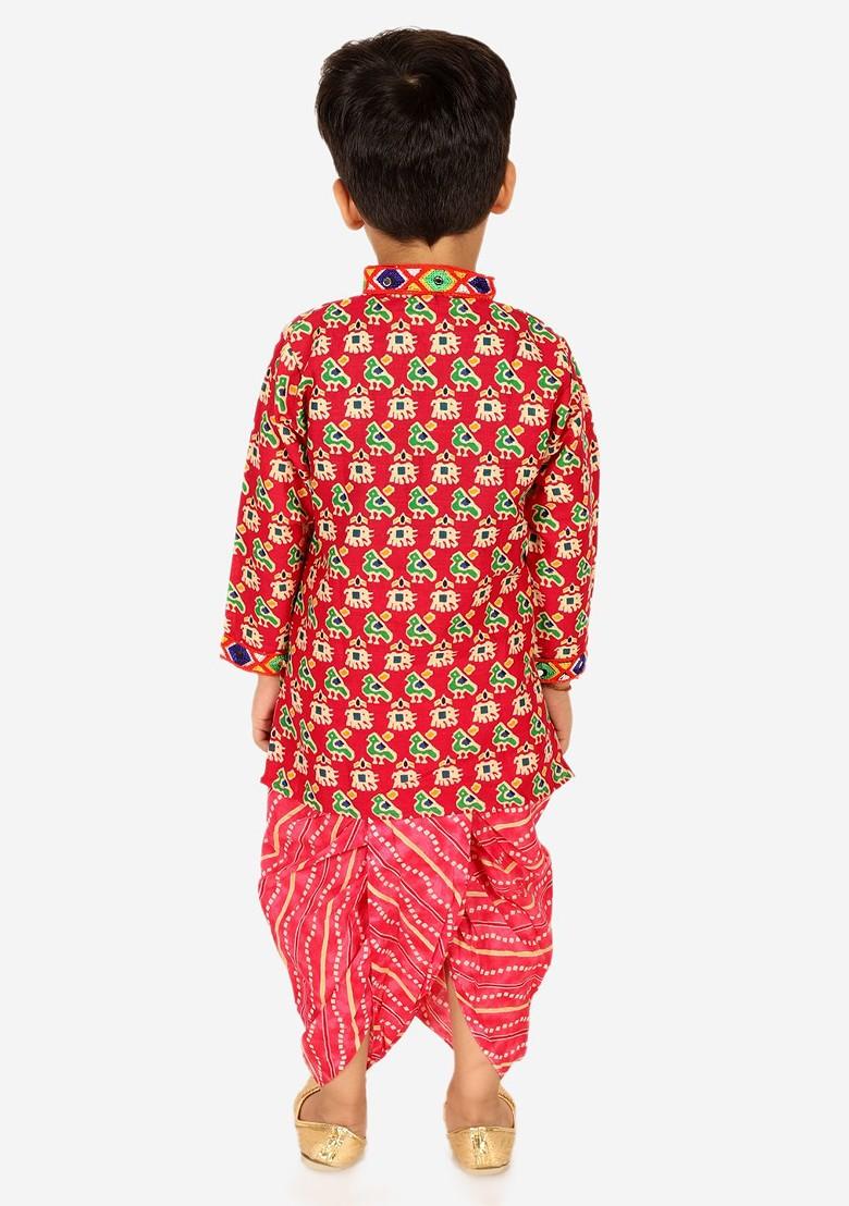 Red Printed Cotton Kurta Dhoti Set For Boys - Indya