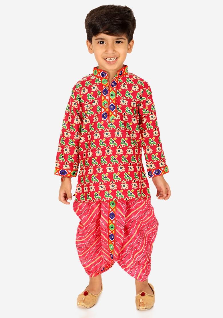 Red Printed Cotton Kurta Dhoti Set For Boys - Indya
