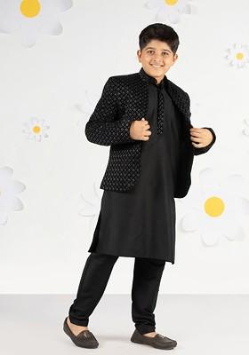 Black Sequinned Blended Kurta Set For Boys