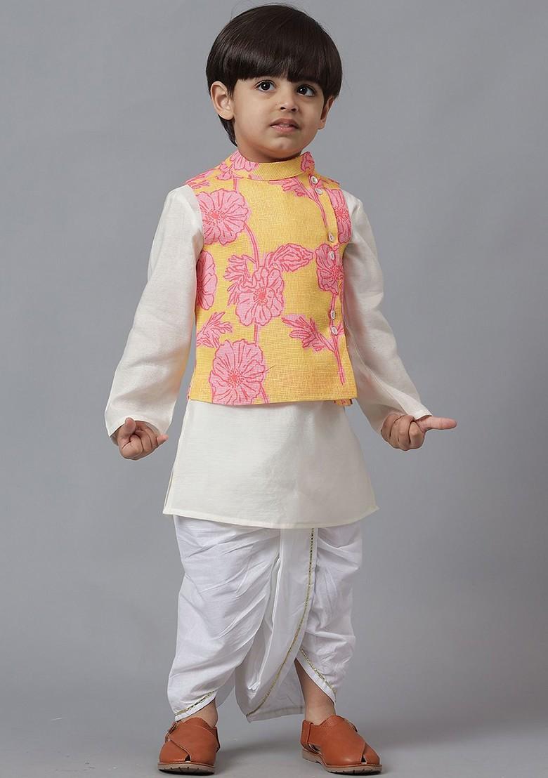 Yellow Embroidered Blended Kurta Dhoti Set For Boys - Indya
