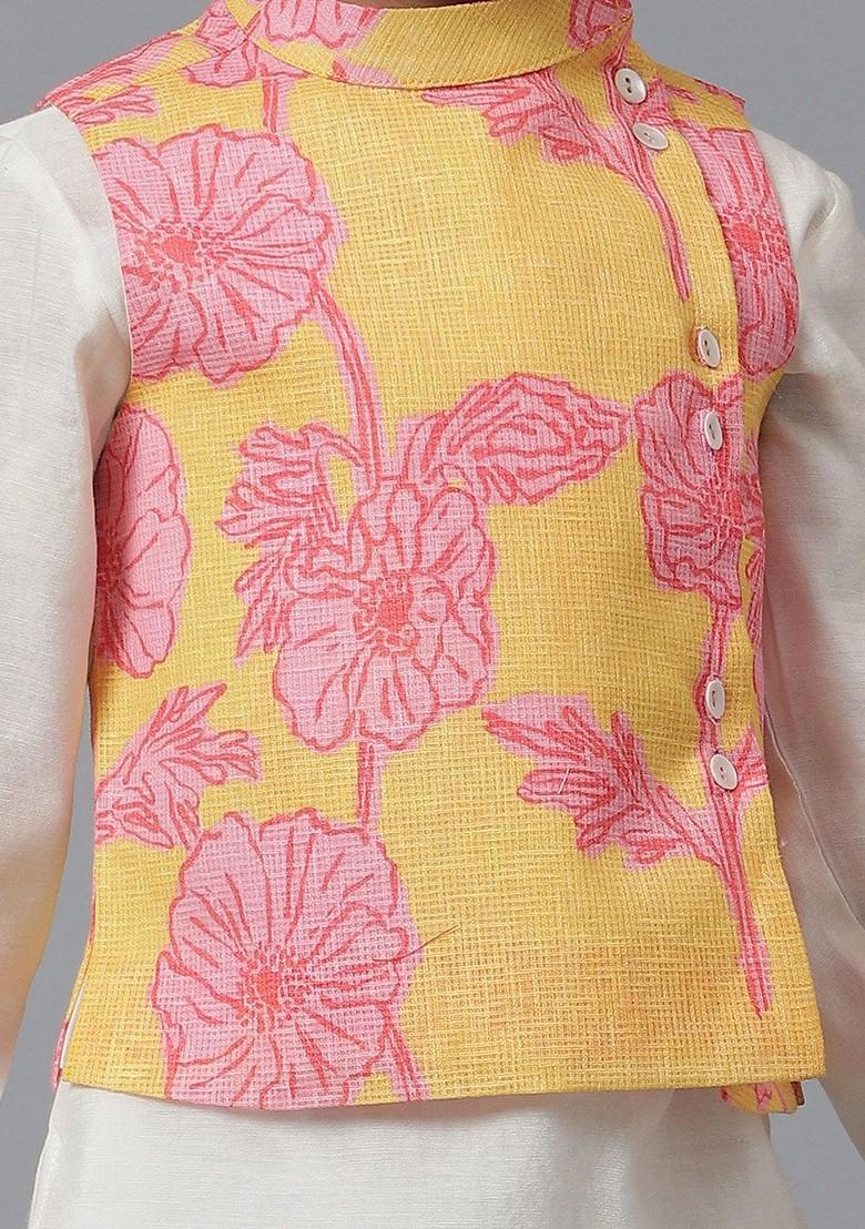 Yellow Embroidered Blended Kurta Dhoti Set For Boys - Indya