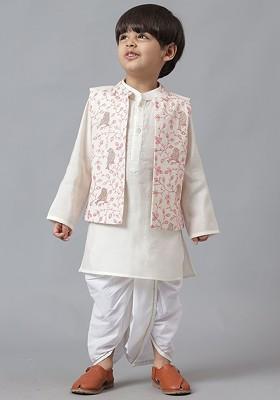 Cream Embroidered Blended Kurta Dhoti Set For Boys