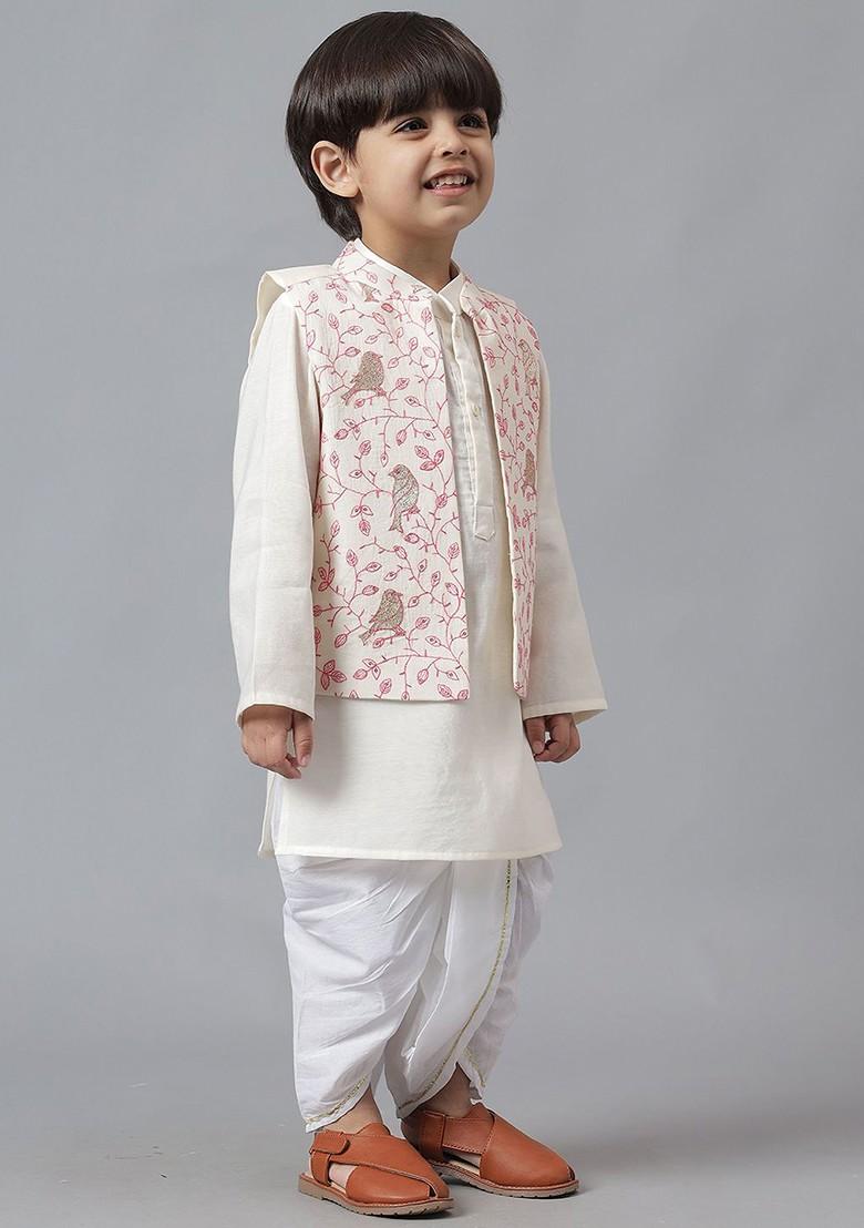 Cream Embroidered Blended Kurta Dhoti Set For Boys - Indya
