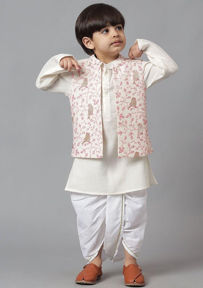 Cream Embroidered Blended Kurta Dhoti Set For Boys - Indya