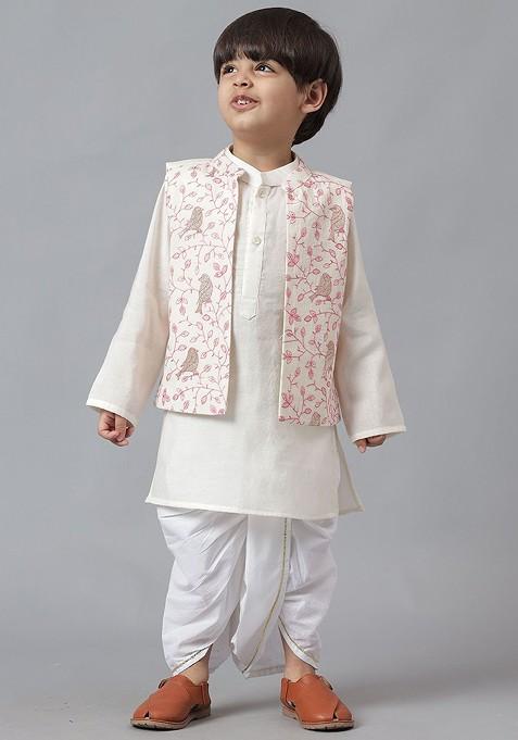 Cream Embroidered Blended Kurta Dhoti Set For Boys — view on Indya