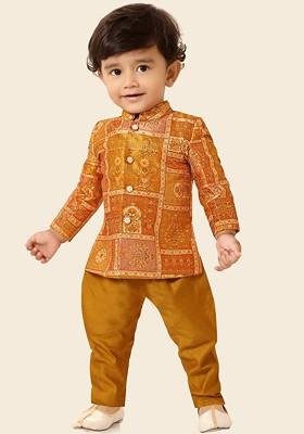 Mustard Printed Silk Kurta Set For Boys