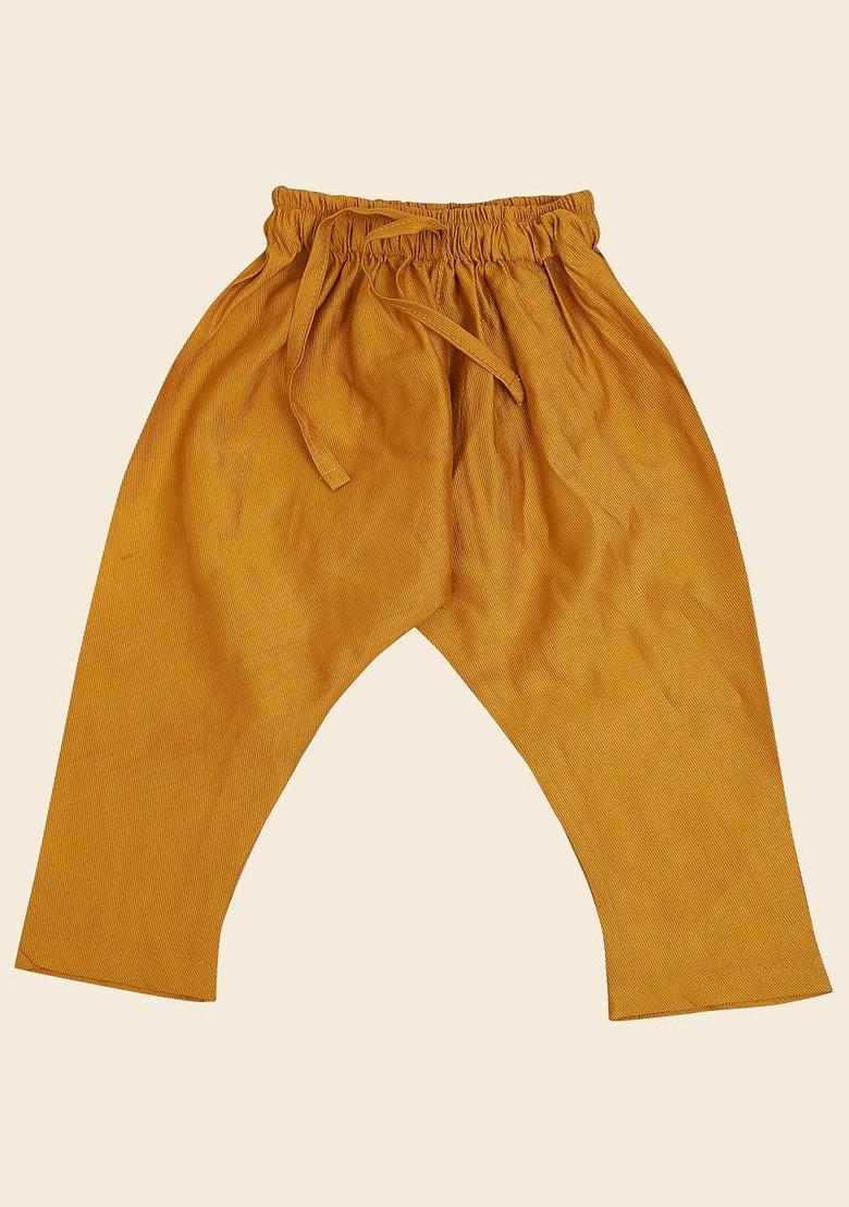 Mustard Printed Silk Kurta Set For Boys - Indya