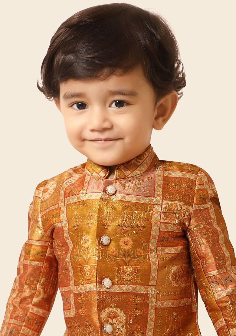 Mustard Printed Silk Kurta Set For Boys - Indya