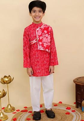 Red Printed Cotton Kurta Set For Boys