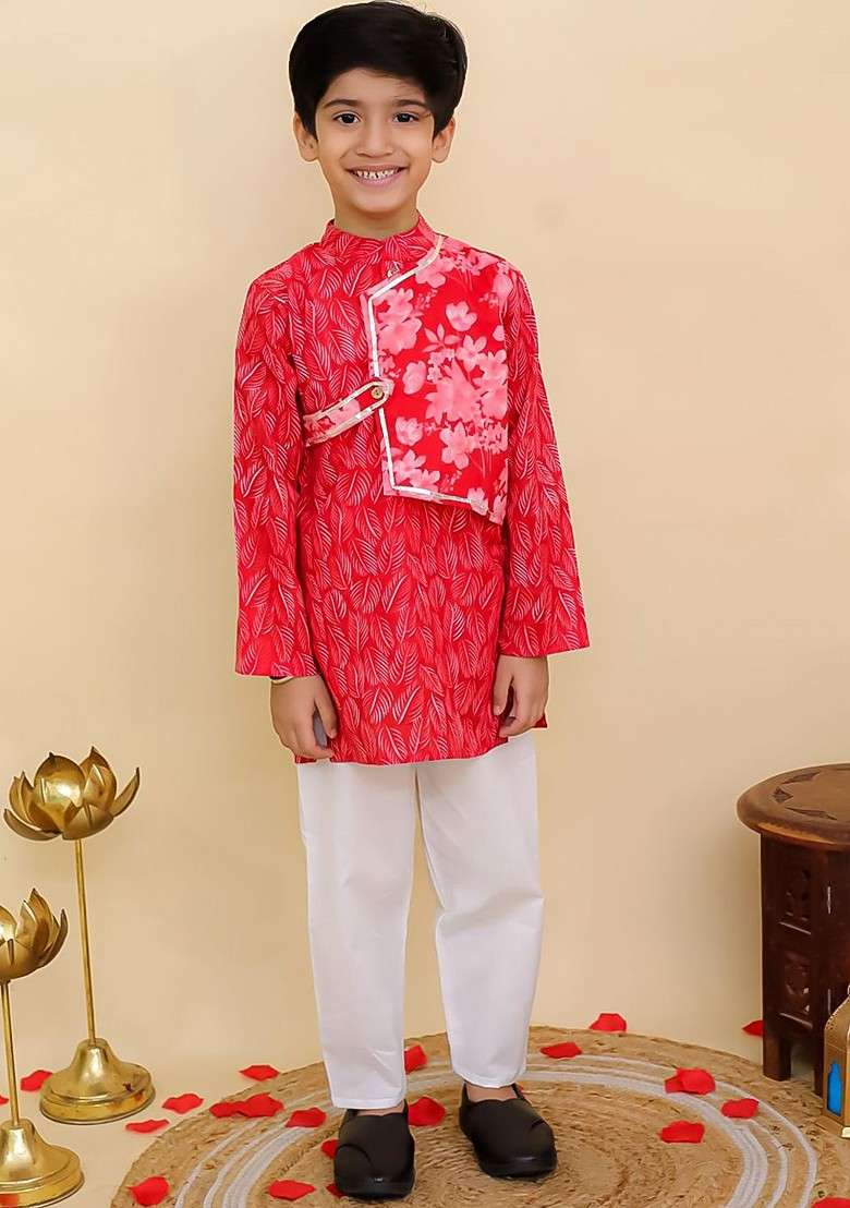 Red Printed Cotton Kurta Set For Boys - Indya