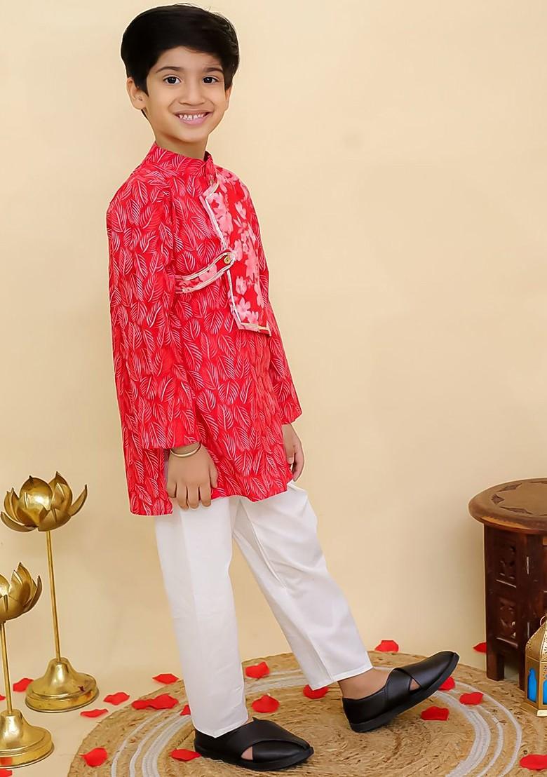 Red Printed Cotton Kurta Set For Boys - Indya
