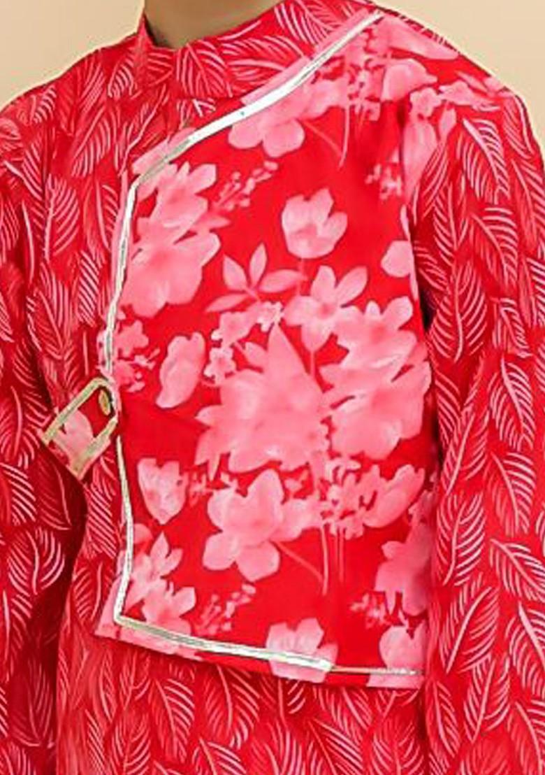 Red Printed Cotton Kurta Set For Boys - Indya