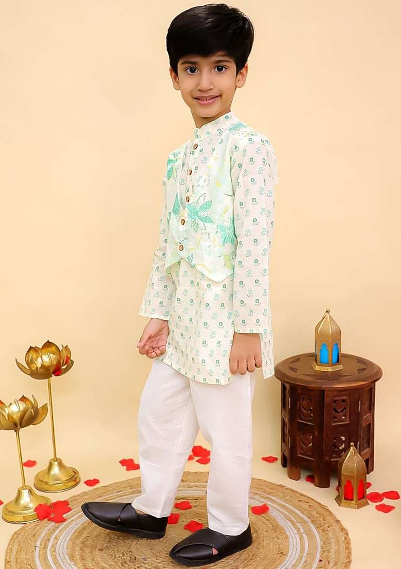 Green Printed Cotton Kurta Set For Boys - Indya