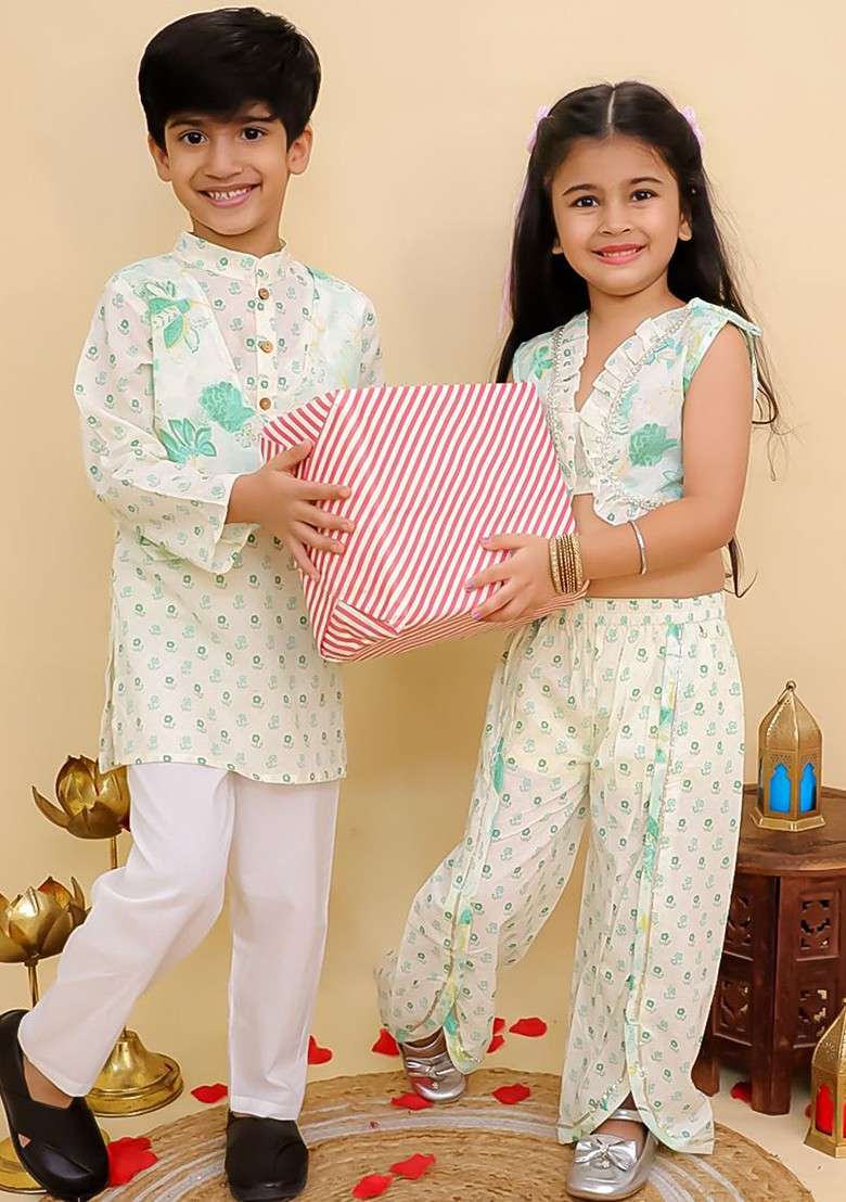 Green Printed Cotton Kurta Set For Boys - Indya