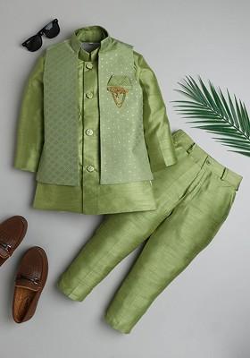 Green Embroidered Silk Kurta Set For Boys