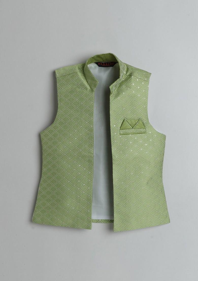 Green Embroidered Silk Kurta Set For Boys - Indya