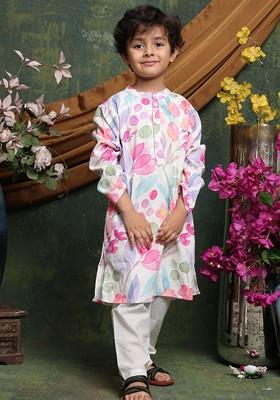 Pink Printed Cotton Kurta Set For Boys