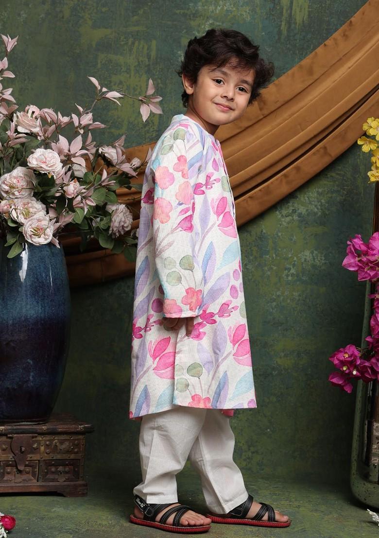 Pink Printed Cotton Kurta Set For Boys - Indya