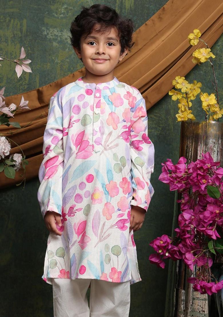 Pink Printed Cotton Kurta Set For Boys - Indya