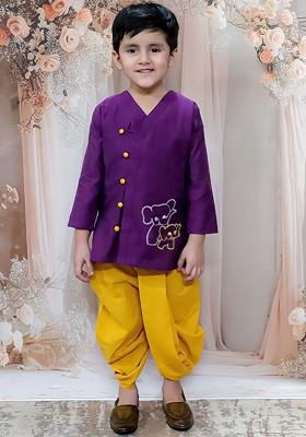 Purple Embroidered Cotton Kurta Dhoti Set For Boys