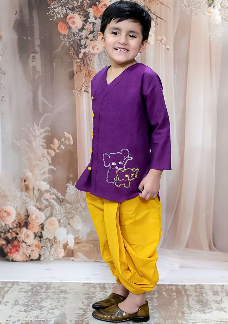 Purple Embroidered Cotton Kurta Dhoti Set For Boys - Indya
