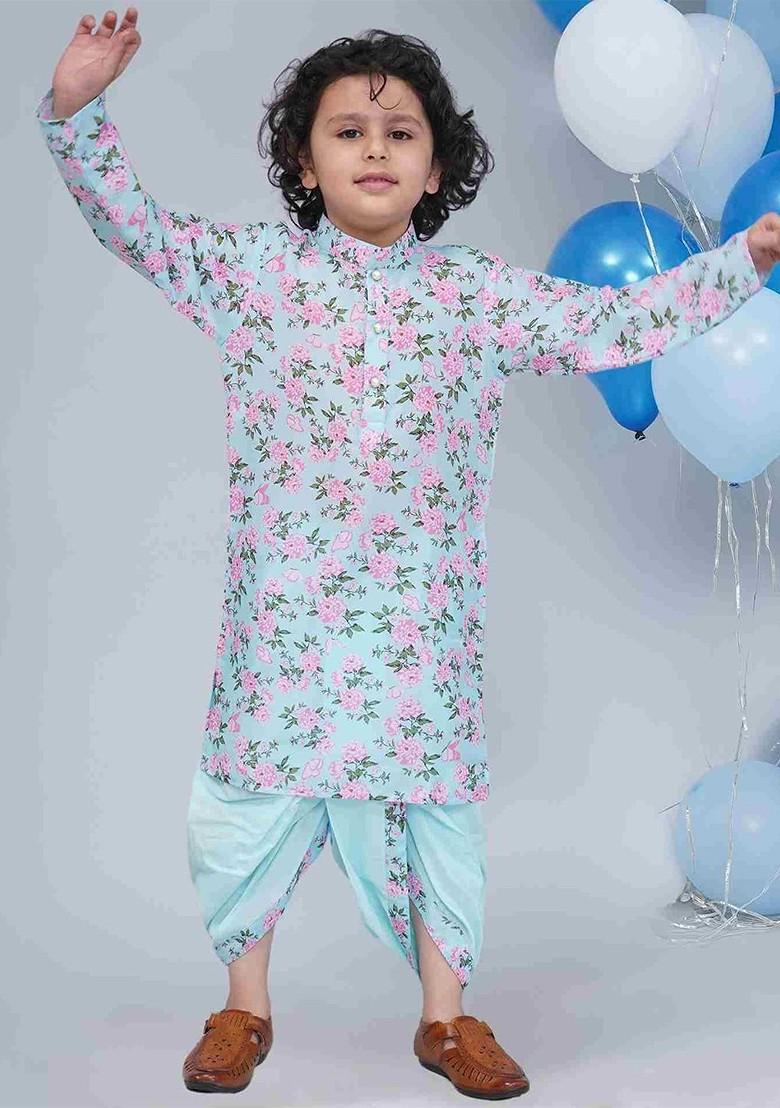 Blue Printed Cotton Kurta Dhoti Set For Boys - Indya