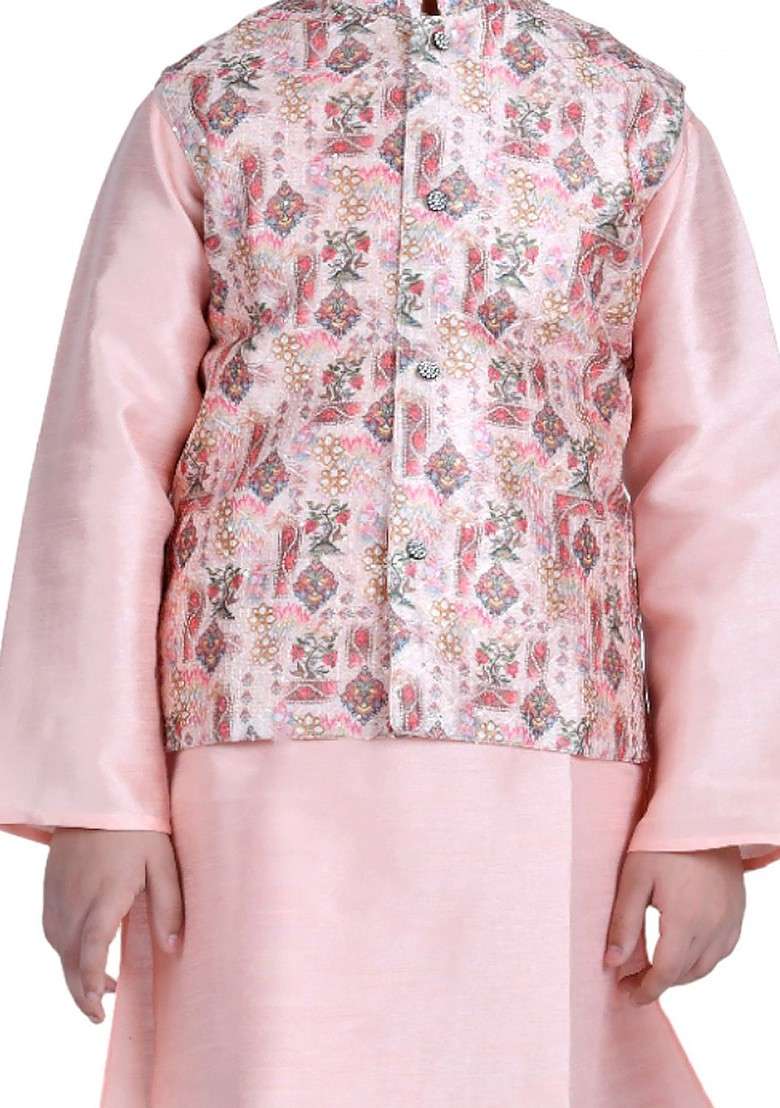 Peach Embroidered Cotton Nehru Jacket Set For Boys - Indya