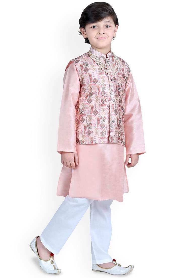 Peach Embroidered Cotton Nehru Jacket Set For Boys - Indya