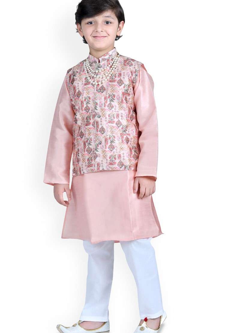 Peach Embroidered Cotton Nehru Jacket Set For Boys - Indya