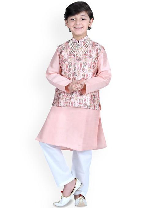 Peach Embroidered Cotton Nehru Jacket Set For Boys — view on Indya