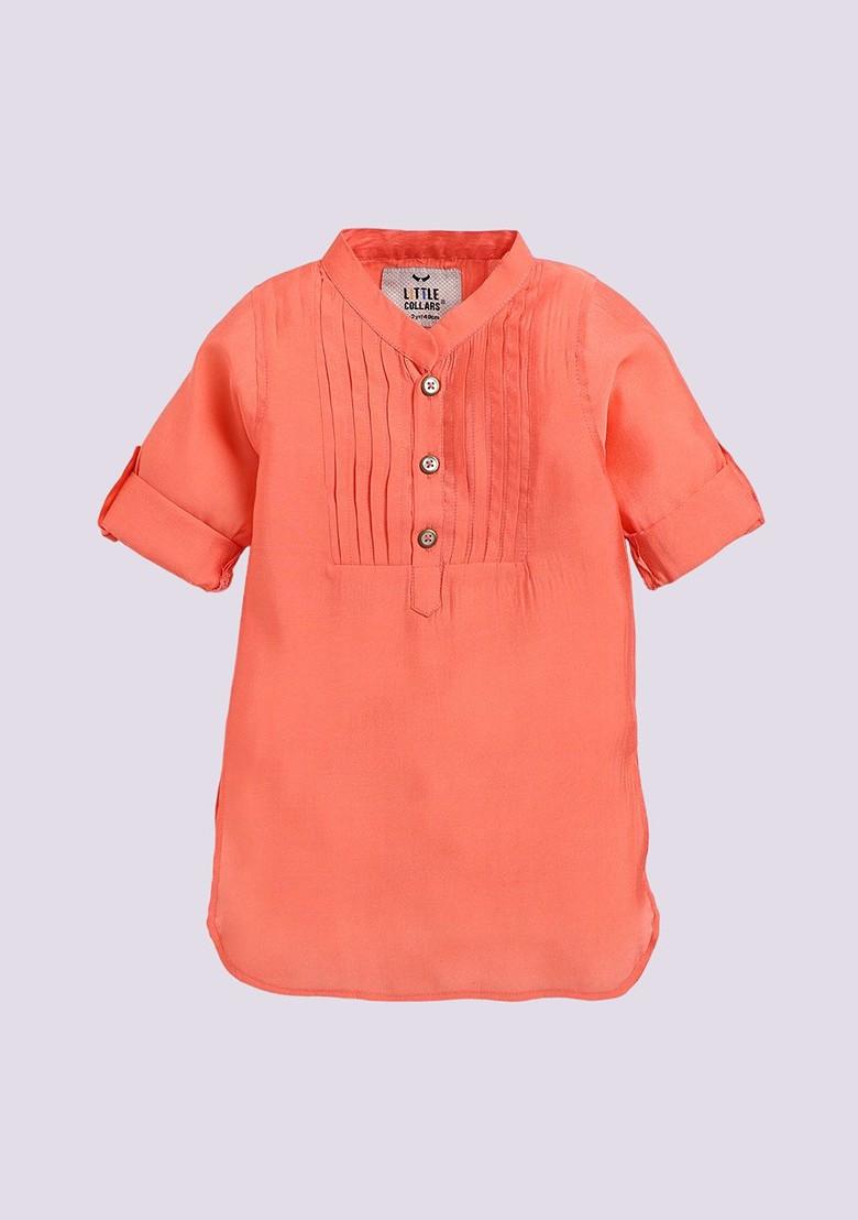 Peach Embroidered Blended Nehru Jacket Set For Boys - Indya