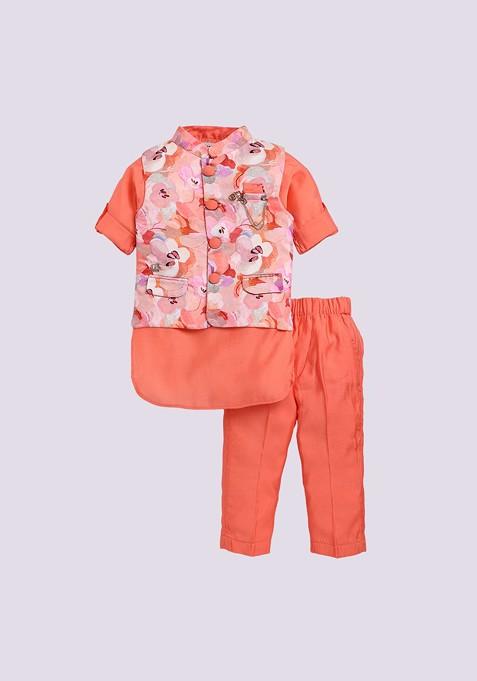 Peach Embroidered Blended Nehru Jacket Set For Boys