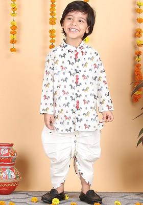 Off White Printed Cotton Kurta Dhoti Set For Boys