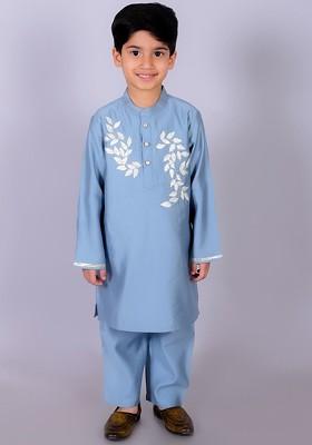 Blue Embroidered Blended Kurta Set For Boys