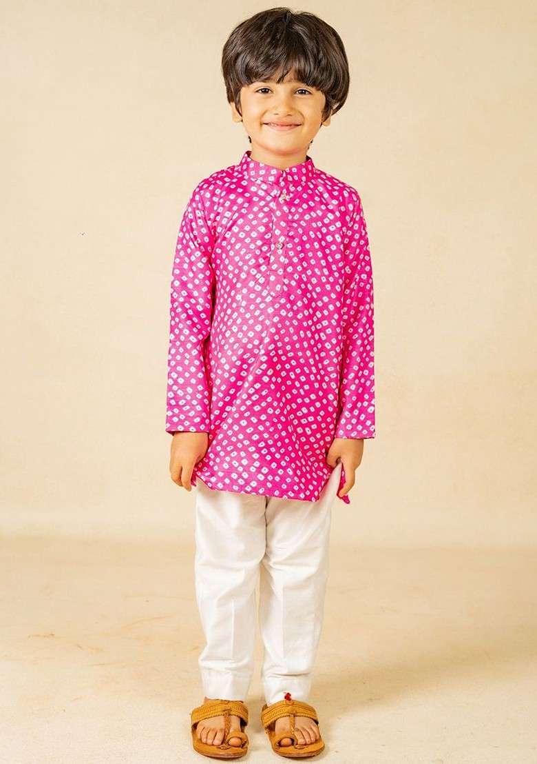 Pink Printed Blended Kurta Set For Boys - Indya