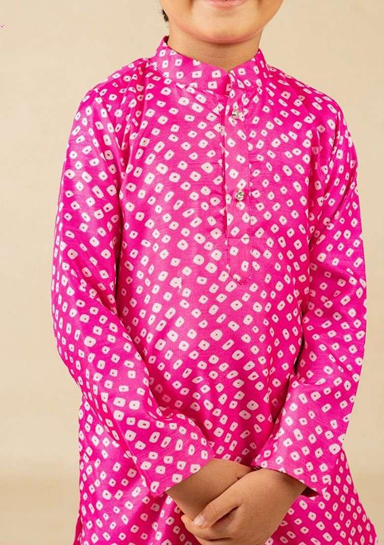 Pink Printed Blended Kurta Set For Boys - Indya
