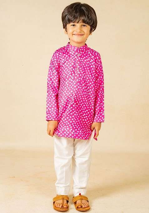 Pink Printed Blended Kurta Set For Boys