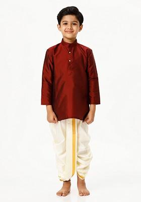 Maroon Embroidered Blended Kurta Set For Boys