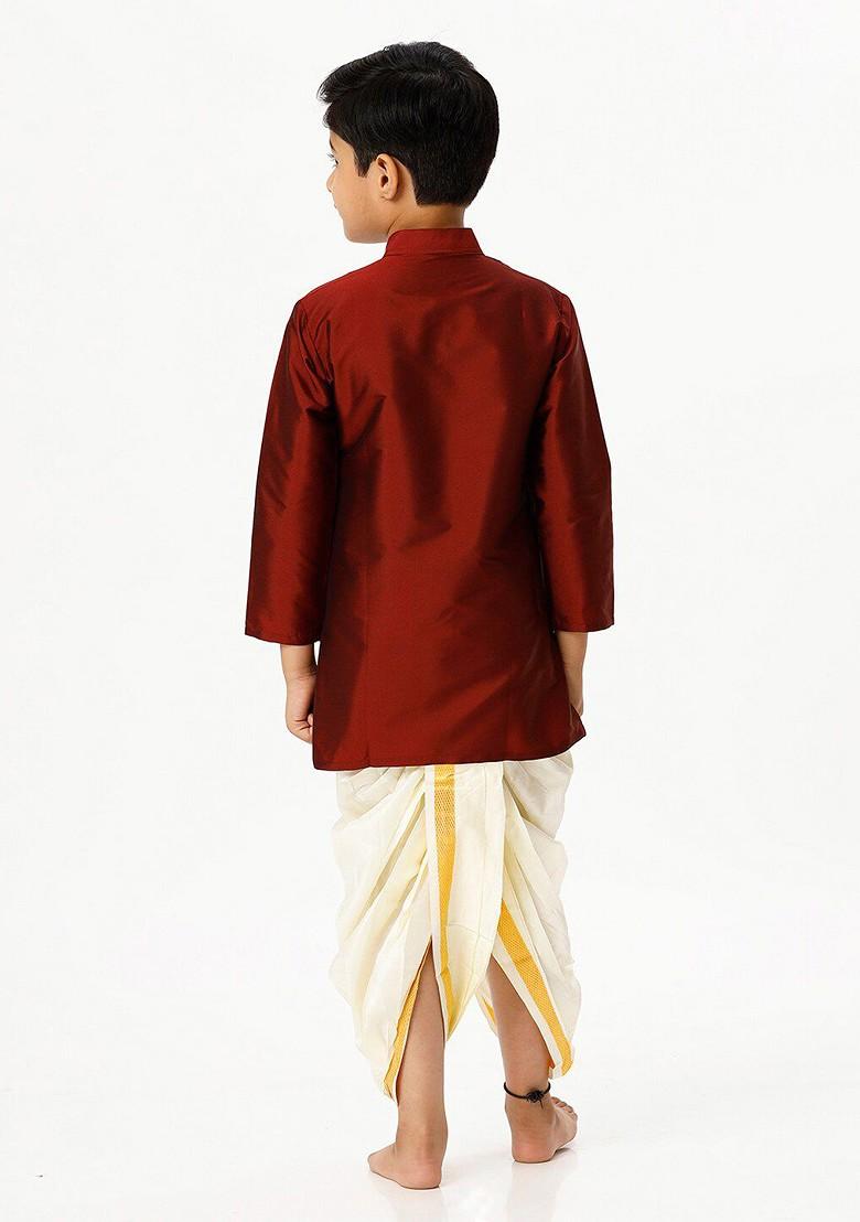 Maroon Embroidered Blended Kurta Set For Boys - Indya