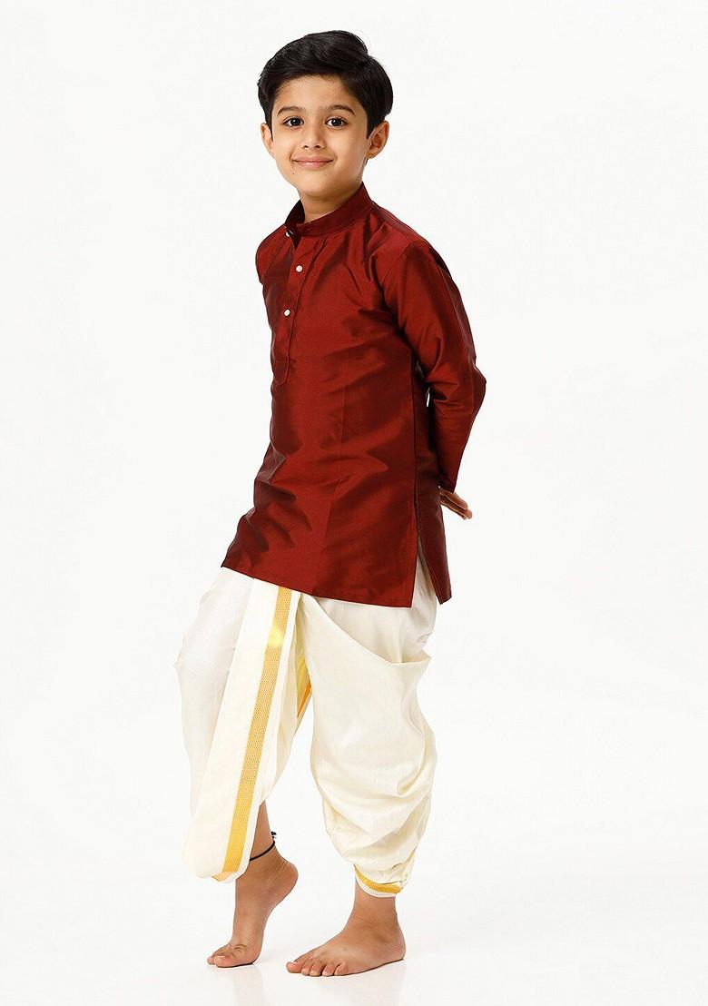 Maroon Embroidered Blended Kurta Set For Boys - Indya