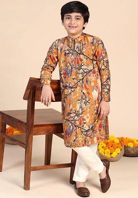 Mustard Printed Blended Kurta Set For Boys