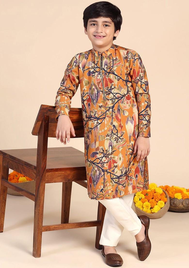 Mustard Printed Blended Kurta Set For Boys - Indya