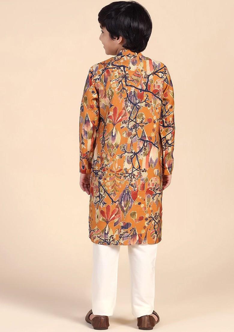 Mustard Printed Blended Kurta Set For Boys - Indya