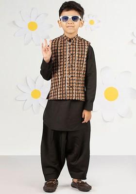 Black Printed Cotton Kurta Set For Boys