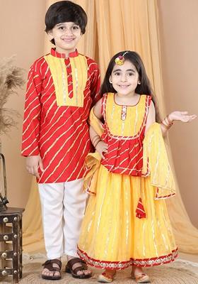 Red Printed Cotton Kurta Set For Boys